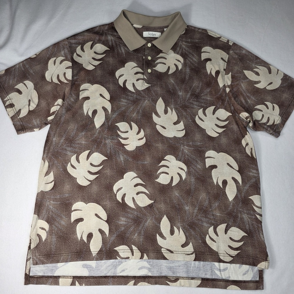 Vintage Turnbury 100% Cotton Polo Shirt Tan Monstera Tropical Men's Size XL